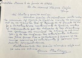 Carta de Ramón Otero Pedrayo a Manuel Vázquez Seijas agradecendo a felicitación polo premio March...