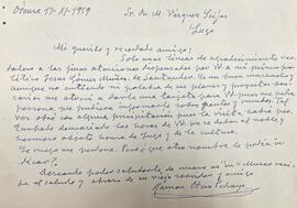 Carta de Ramón Otero Pedrayo a Manuel Vázquez Seijas agradecendo as atencións dispensadas a seu p...