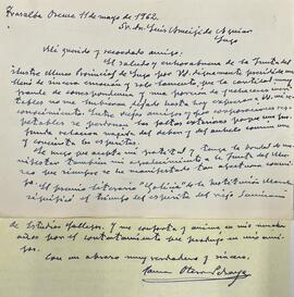 Carta de agradecemento de Ramón Otero Pedrayo ao señor Luis Ameijide Aguiar e á Xunta do Museo Pr...