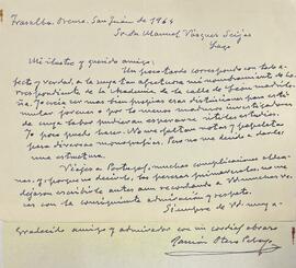 Carta de Ramón Otero Pedrayo a Manuel Vázquez Seijas polo nomeamento como correspondiente de la R...