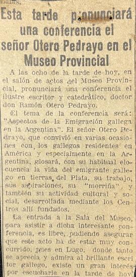 Recorte de prensa do xornal El Progreso, onde se anuncia a conferencia que pronunciará o señor Ot...
