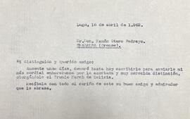 Carta de Manuel Vázquez Seijas felicitando a Ramón Otero Pedrayo polo premio March de Galicia.